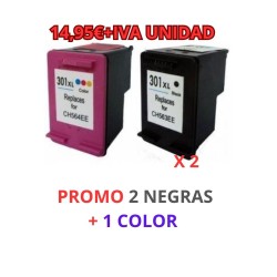PACK 2 CARTUCHOS NEGROS + 1 COLOR (Nº 301XLBK/ COL) NEW CHIP MUESTRA NIVEL TINTA PACK 2 CARTUCHOS NEGROS + 1 COLOR (Nº 301XLBK/ COL) NEW CHIP MUESTRA NIVEL TINTA